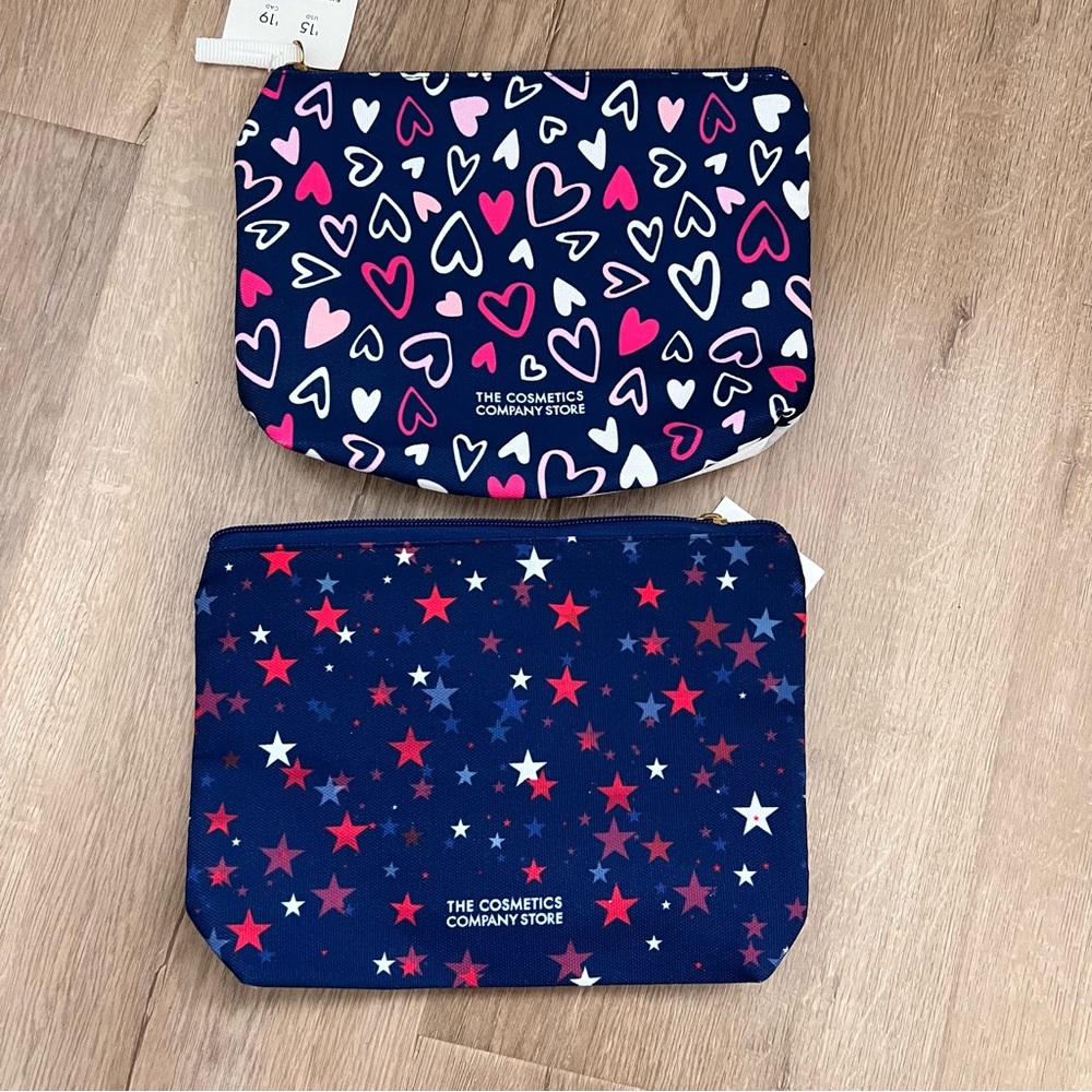2 PCs Cosmetics Company Store Blue With Hearts‎ & Stars Makeup Travel Pouch NWT